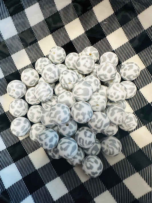 15mm Grey cheetah printed silicone beads (wholesale) PACK OF 10